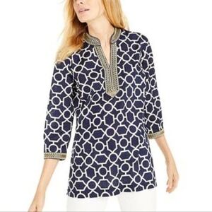 Charter Club Woman's Cotton Geometric Brown Gold  Embroidered Neck Tunic Top